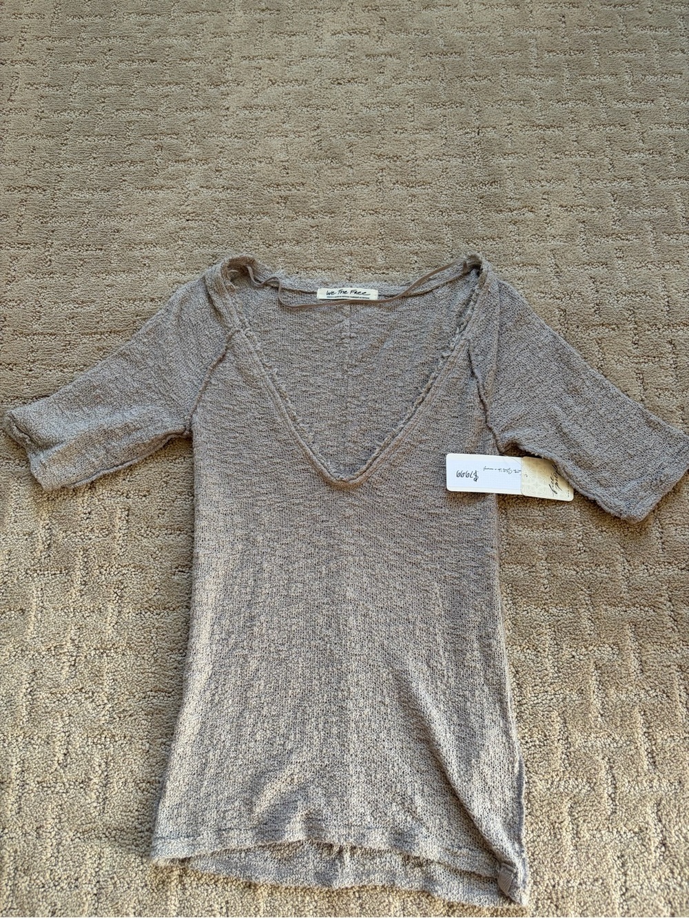 Free People Neutral Taupe V-Neck Short Sleeve Tee
